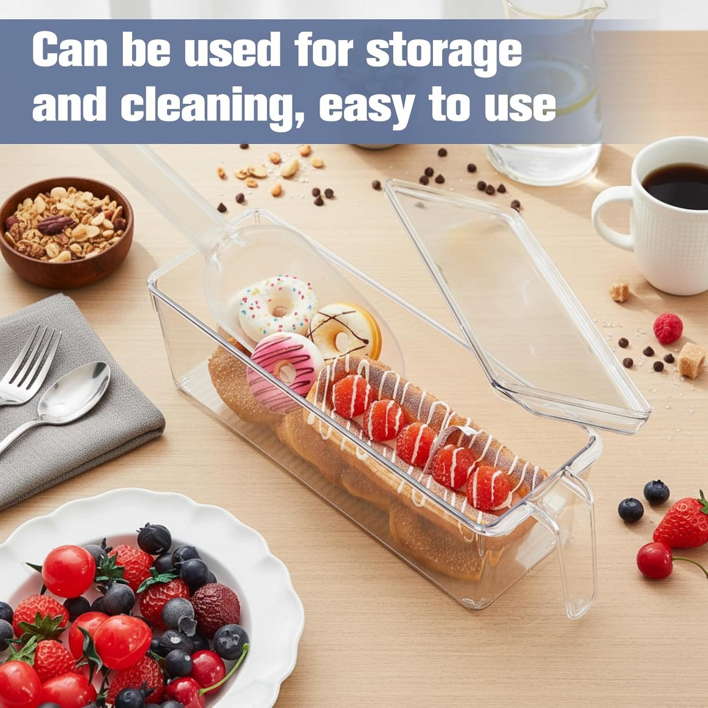 Havawish 4 Pcs Ice Storage Bin for Freezer with Lid and Flexible Scoop Set Plastic Ice Container with Lid Handle for Home Office Fridge Storage (12.4 x 3.94 x 3.94 Inches,Clear)