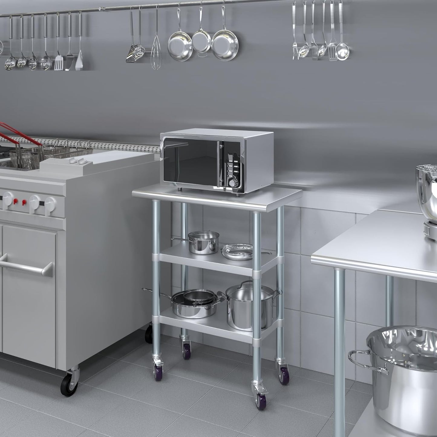 AmGood Stainless Steel Work Table with 2 Shelves and Casters | Metal Utility Table On Wheels (Stainless Steel Work Table with 2 Shelves + Casters, 30" Long x 18" Deep)