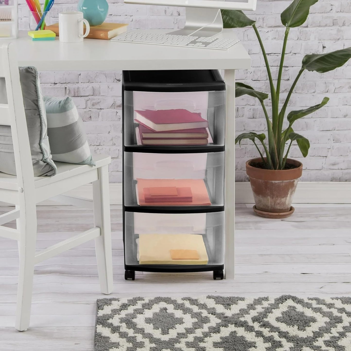 3-Drawer Plastic Cart with Clear Drawers & Removable Wheels - Space-Saving Home/Office/Dorm Organizer for Craft Supplies, Office Essentials & Bedroom Items (Black)