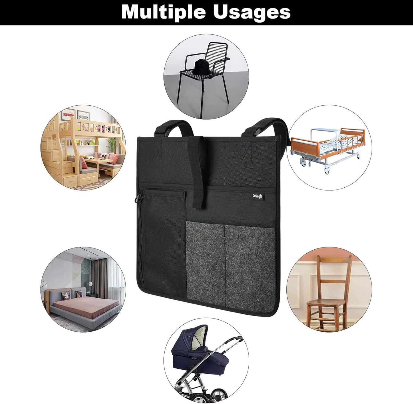 Cosmos Armrest Chair Side Organizer Bedside Caddy Organizer Bed Buk Storage Bag Armchair Wheelchair Hanging Side Pocket Bag for Ipad, Tablet, Cellphone, Remote Control, Magazines, Books & Water Bottle