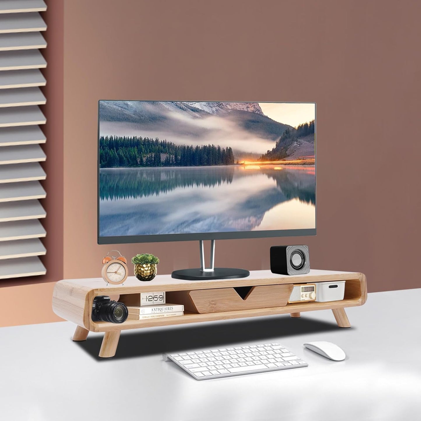 Monitor Stand Riser, 24inch Large Desk Computer Monitor Stand with 2 Wire Holes & Back Baffle, V-shaped Drawer, Desk Shelf Adds Storage for PC Monitor, Laptop, Printer