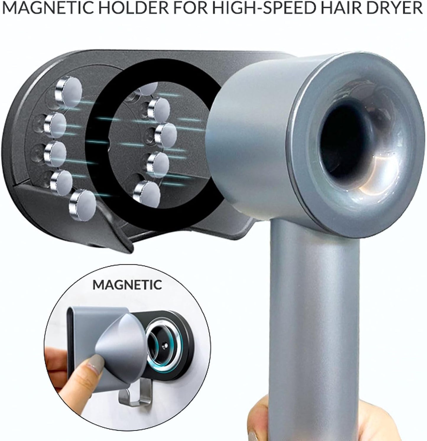 simpletome Hair Dryer Holder Wall Mount for All Magnetic High Speed Blow Dryer with Plug Cord Organizer Hook (Aluminum Alloy, White)