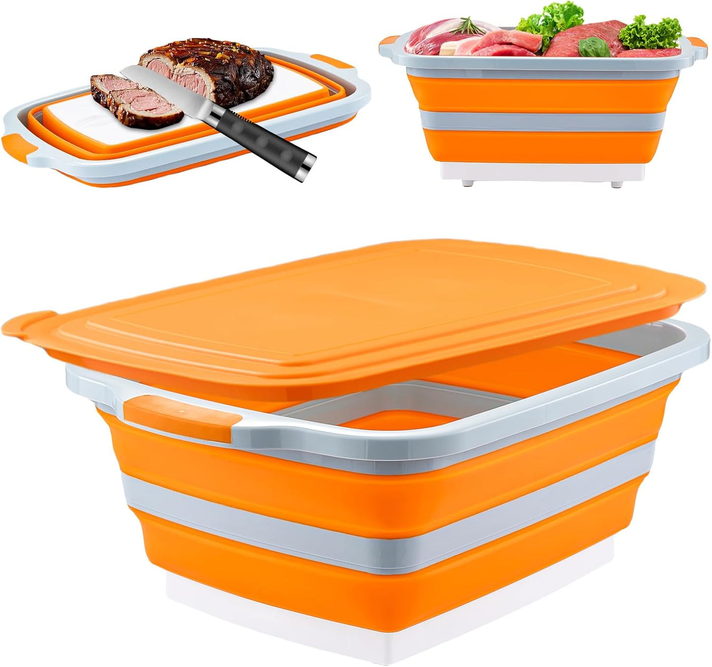 Collapsible BBQ Prep Tub with Cutting Board - 7.95 Gal/30L Food-Grade Container - BPA-Free, Space-Saving w/Lid & Drain Hole - for Grilling, Camping, Offset Smoker (Orange)