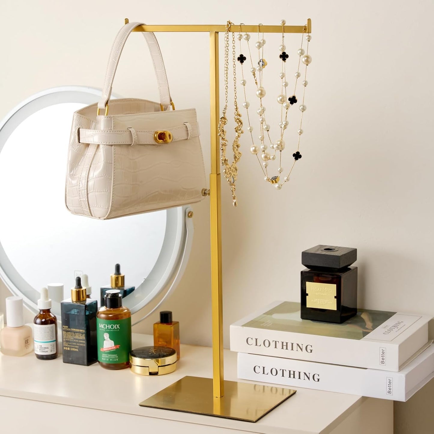 Purse Display Stand Jewelry Tower Stainless Steel Handbag Stand Jewelry Stands Tabletop for Necklaces Organizer Stand Adjustable Height Home Store Boutique, Gold