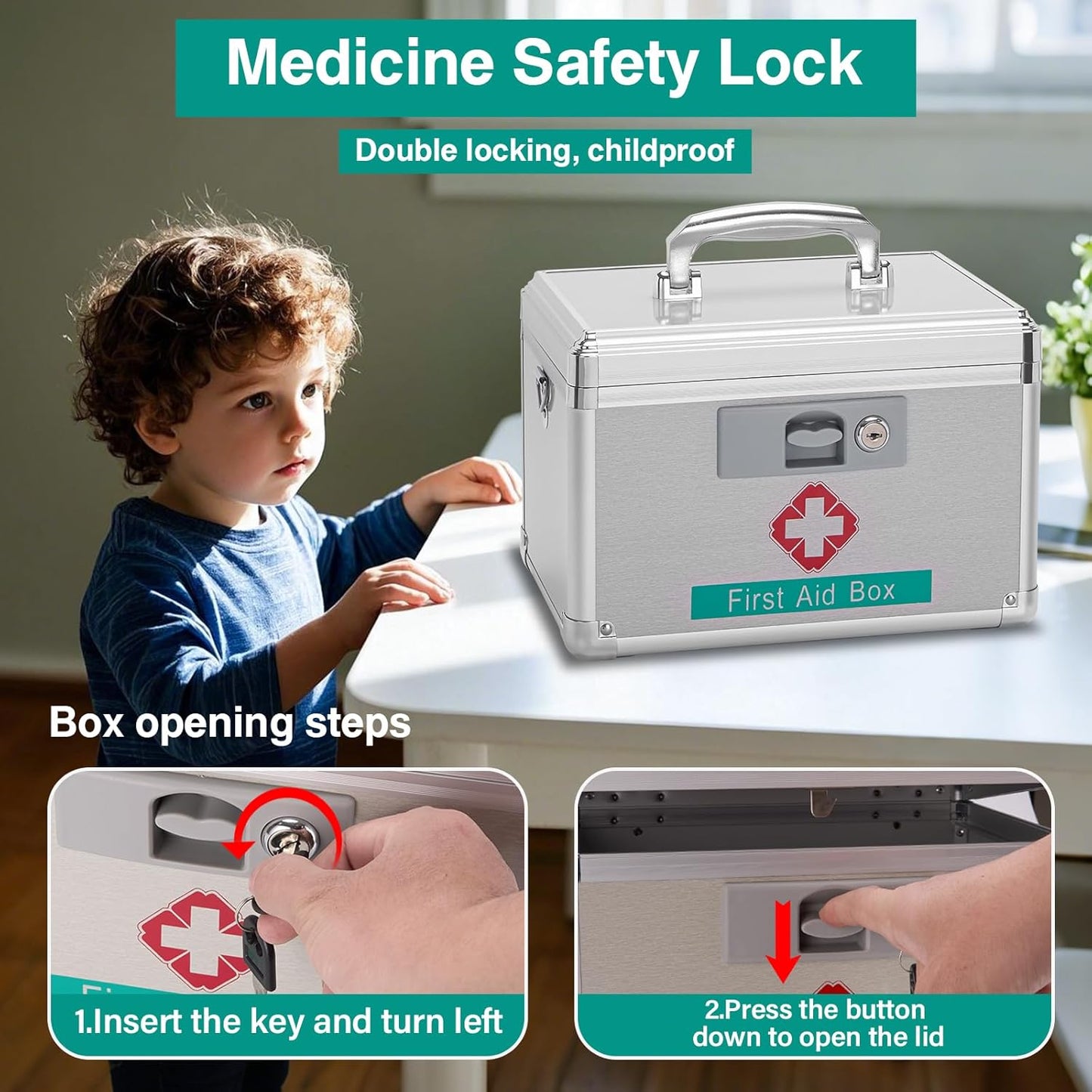 Metal Medicine Storage Box with Key, 10 x 6 x 6.7” First Aid Box Lock For Medication, Smell Proof Box Empty Organizer for Home, Dorm, Office