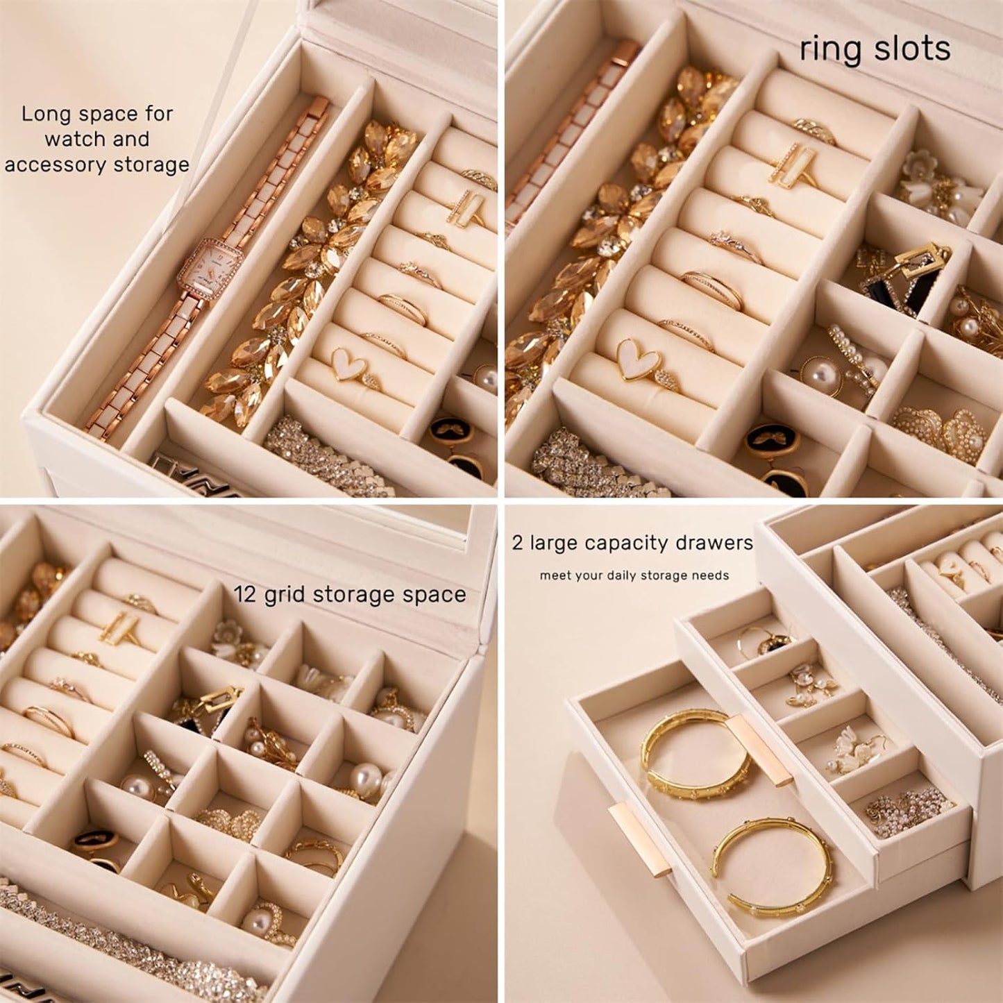 Jewelry Box Organizer with Glass Lid, 3-Layer Jewelry Storage, with 2 Drawers, Modern Style, 8 x 9.1 x 5.3 Inches (Brown)