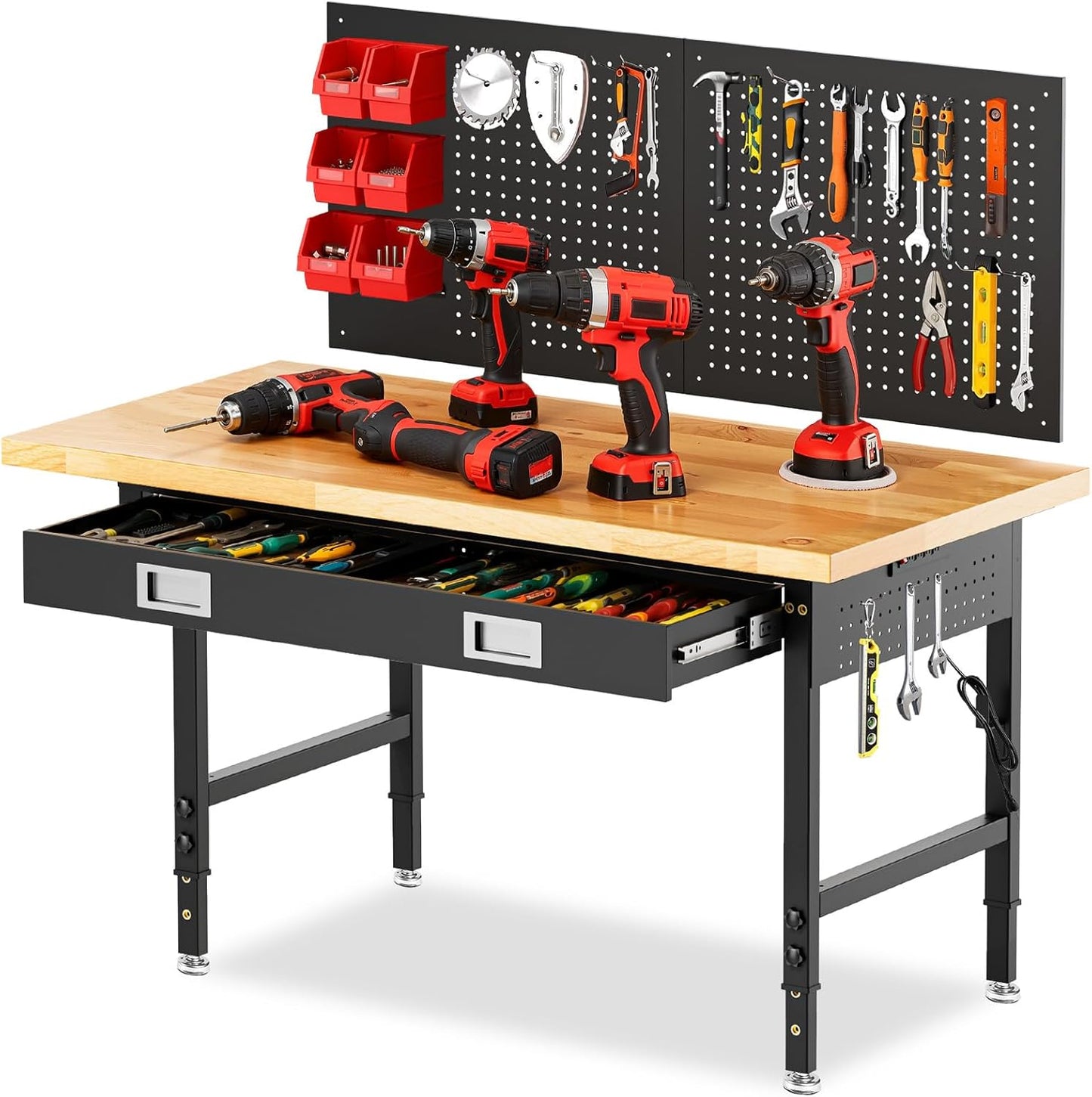 60" Workbench with Drawers, Adjustable Height Work Table, 2000 LBS Heavy-Duty, Rubber Wood, Black, Steel