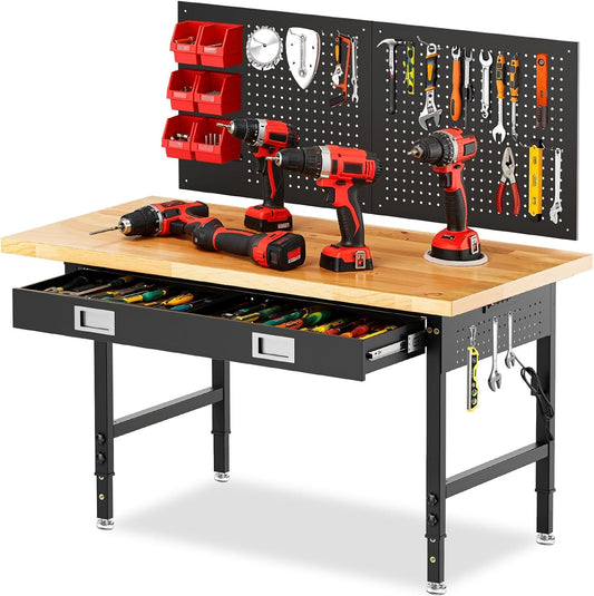 60" Workbench with Drawers, Adjustable Height Work Table, 2000 LBS Heavy-Duty, Rubber Wood, Black, Steel