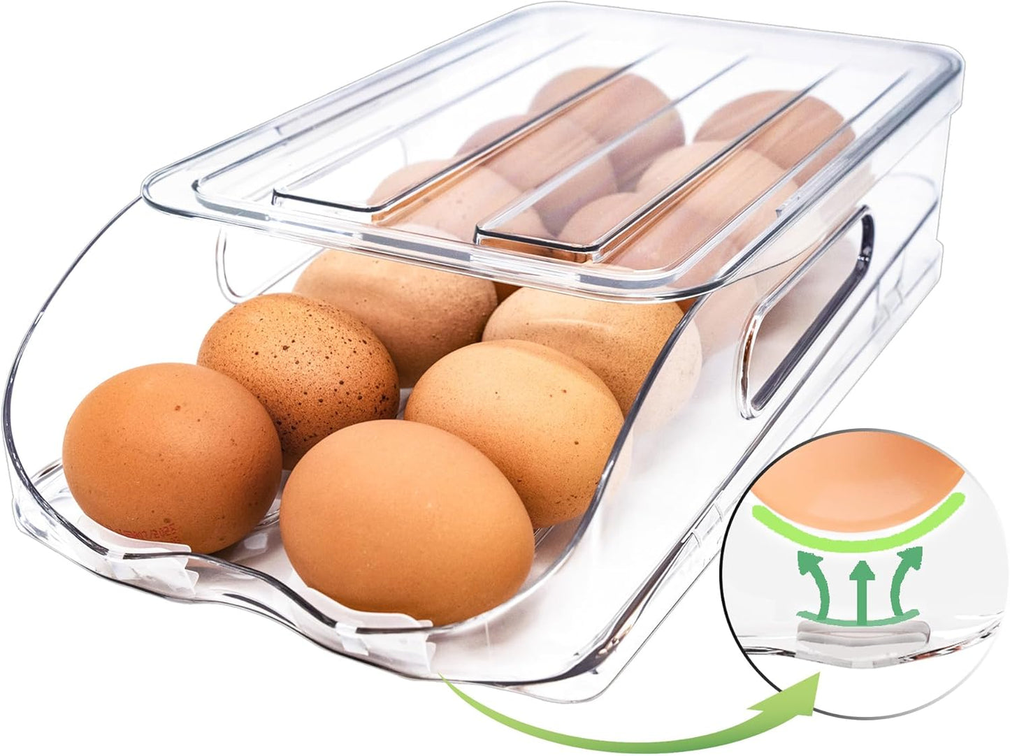 Egg Holder for Fridge, Automatic Steady Rolling Egg Container with Soft Bumpers & Handle for Refrigerator, Stackable Fridge Organizers and Storage with Lid