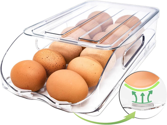 Egg Holder for Fridge, Automatic Steady Rolling Egg Container with Soft Bumpers & Handle for Refrigerator, Stackable Fridge Organizers and Storage with Lid