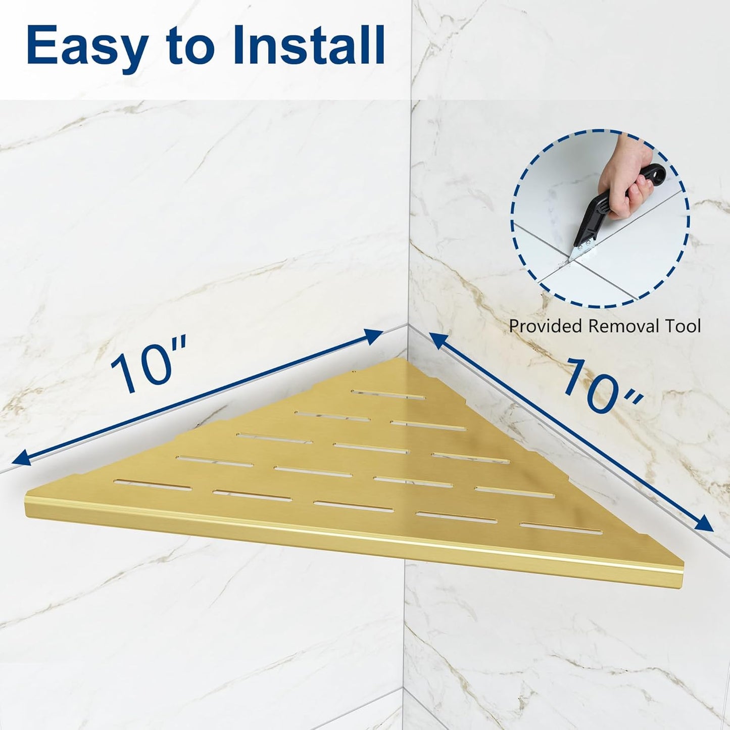 Corner Shower Shelves, 10” Recessed Tile Shower Shelf, 304 Stainless Steel Grout in Corner Tile Shower Shelves, No Drilling, Brushed Golden, 2 Pack