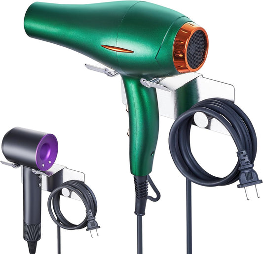 Hair Dryer Holder Wall Mount, Blow Dryer Holder for Wall, Adhesive Hairdryer Holder, Stainless Steel Blowdryer Holder, Bathroom Hair Tool Organizer, Hair Dryer Hanger Hook with Cord Storage (Silver)
