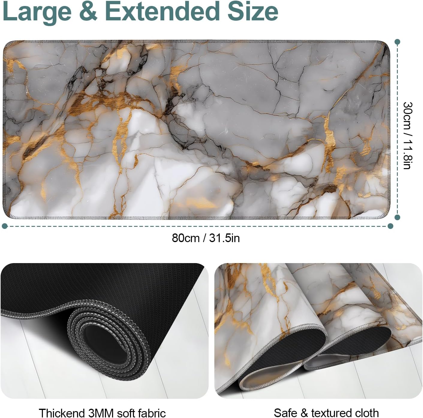 Marble Stripes Gaming Mouse Pad 31.5"x11.8"Desk Mat Anti-Slip Rubber Base & Durable Stitched Edges for Gamers Smooth Mouse Writing Surface for Desk Office/Home