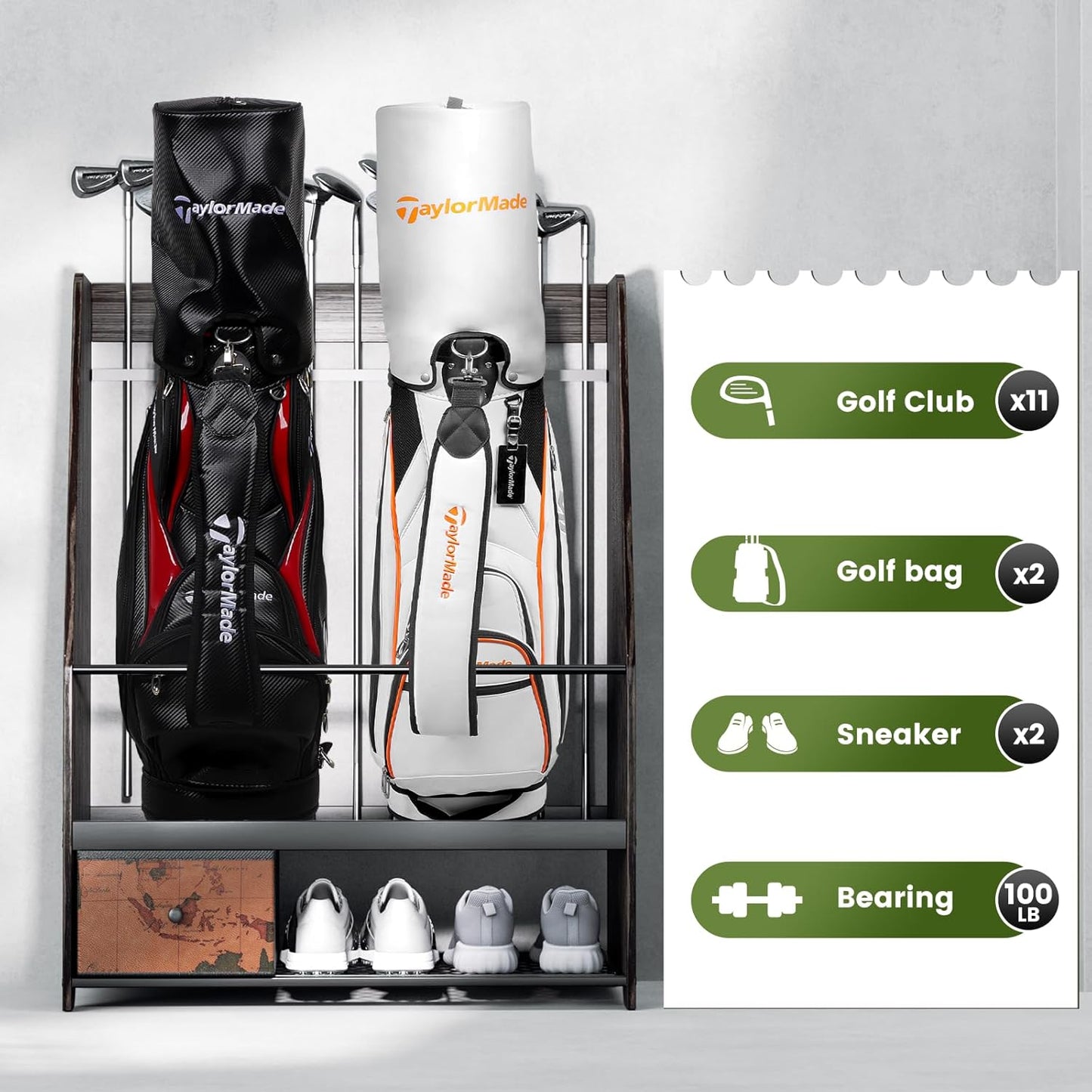 Golf Bag Organizer Rack – Large Wooden Golf Storage for 2 Bags, Clubs & Accessories with Dustproof Drawer, Sports Equipment Rack for Garage, Practice Room, Home or Office (Black)