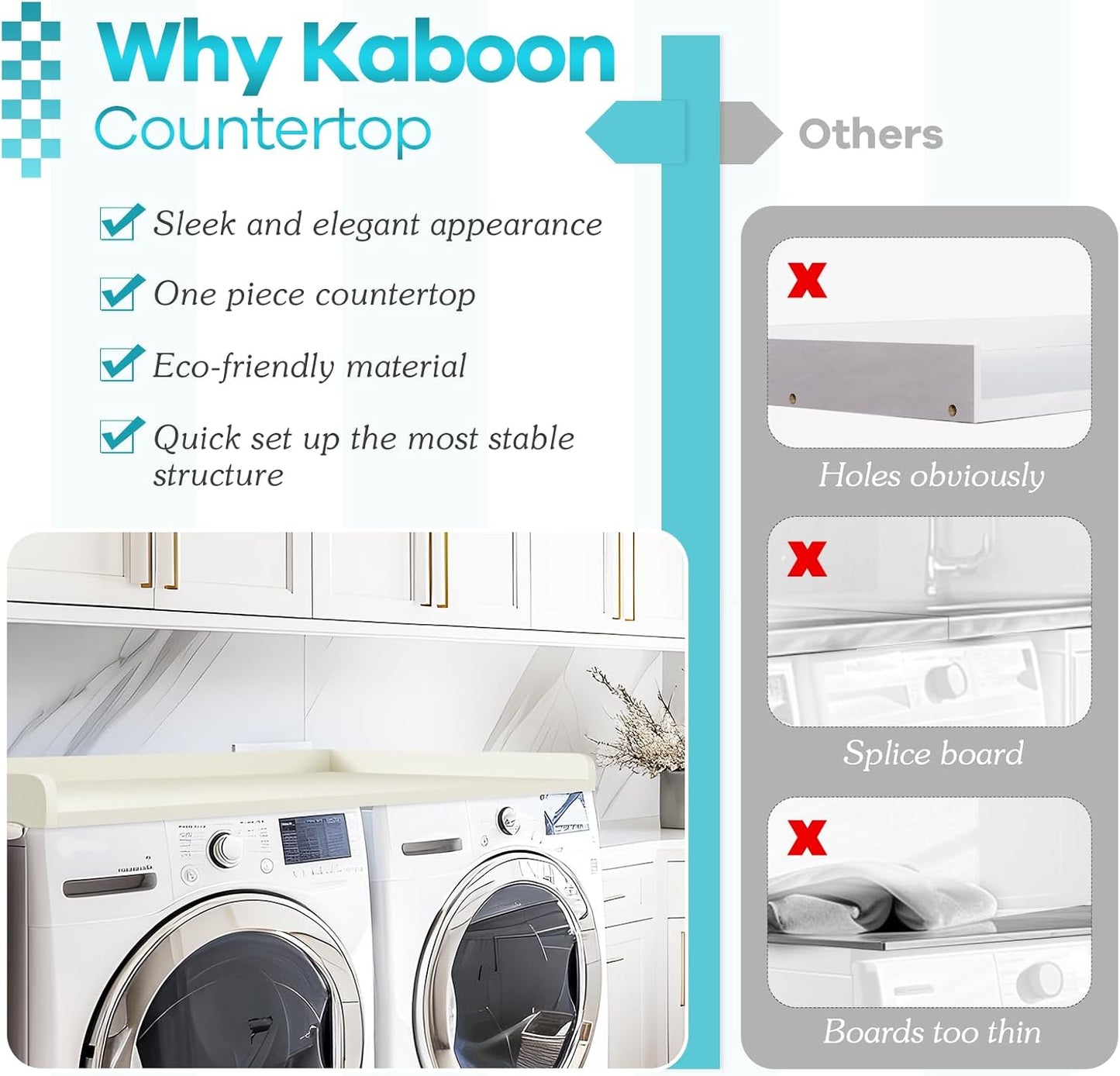 Kaboon Washer Dryer Countertop 58" x 28" Extra Large Version, Melamine Countertop with 3.5" Edge Rails, Laundry Room Organization, White