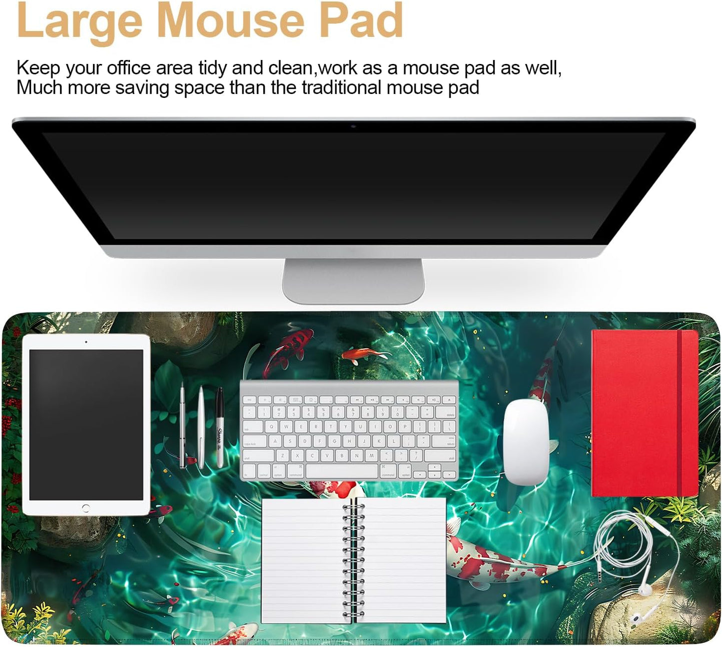 Large Mouse Pad Koi Fish Desk Mat, Extended Gaming Mouse Pad with Non-Slip Rubber Base, Thick 3mm Smooth Surface Keyboard Mat for Office & Home,35.43 x 15.75 in
