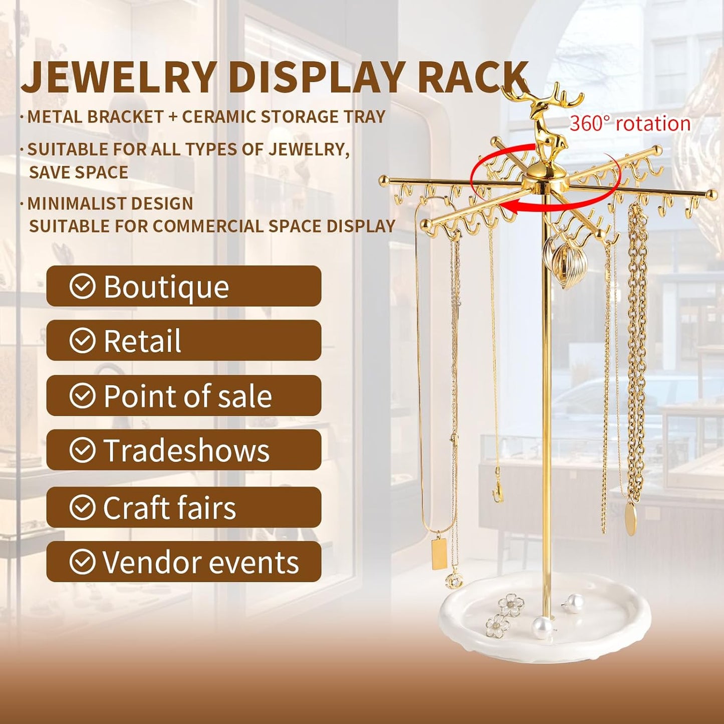 Necklace Holder Jewelry Stand, Rotating Necklace Holder Organizer with 48 Hooks for Necklace Earring Keychains Bracelet Display Stand, Metal Necklace Tree Stand -Women Gifts (Gold)
