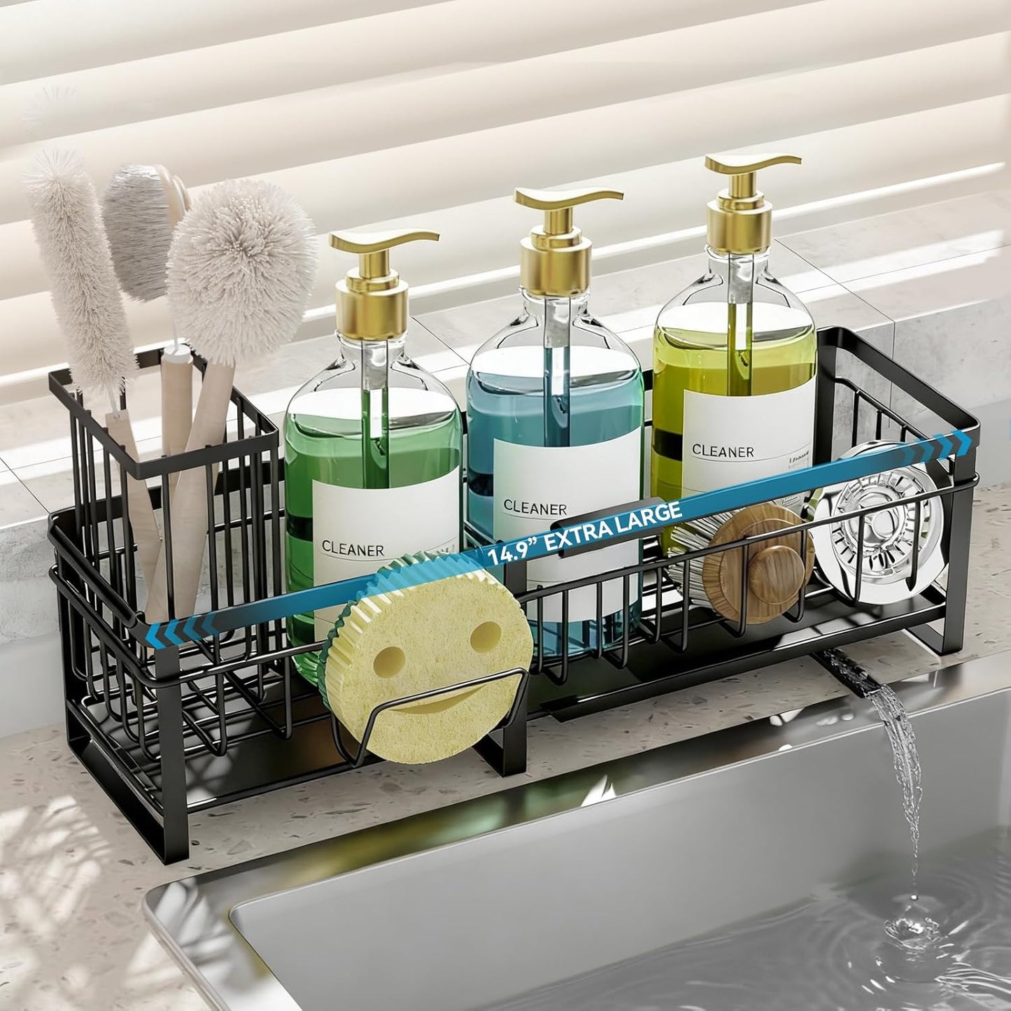 Extra Large Extendable Sponge Holder for Kitchen Sink, Rustproof Sink Caddy Organizer with High Brush Holder, Dish Soap Dispenser Organizers and Storage, Home Essentials Kitchen Countertop Accessories