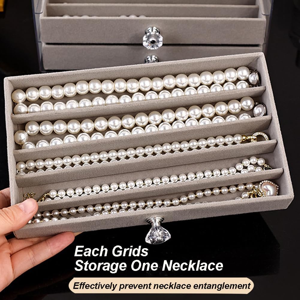 SPAKOWN Necklace Organizer Box, Velvet Necklace Box Holder Tray with Clear Lid Chains Showcase Stackable Necklace Storage for Pendant Bracelet (3 Drawers - Grey)