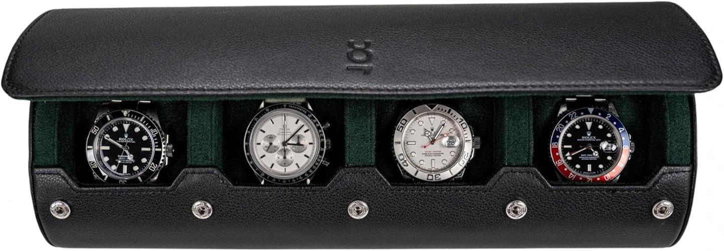 DailyWatch | Watch Roll Travel Case For 4 Watch | Luxury Watch Case In Genuine Black Leather With Soft Velvet Interior | Watch Case Protect, Store, & Display Your Watches | Black Green