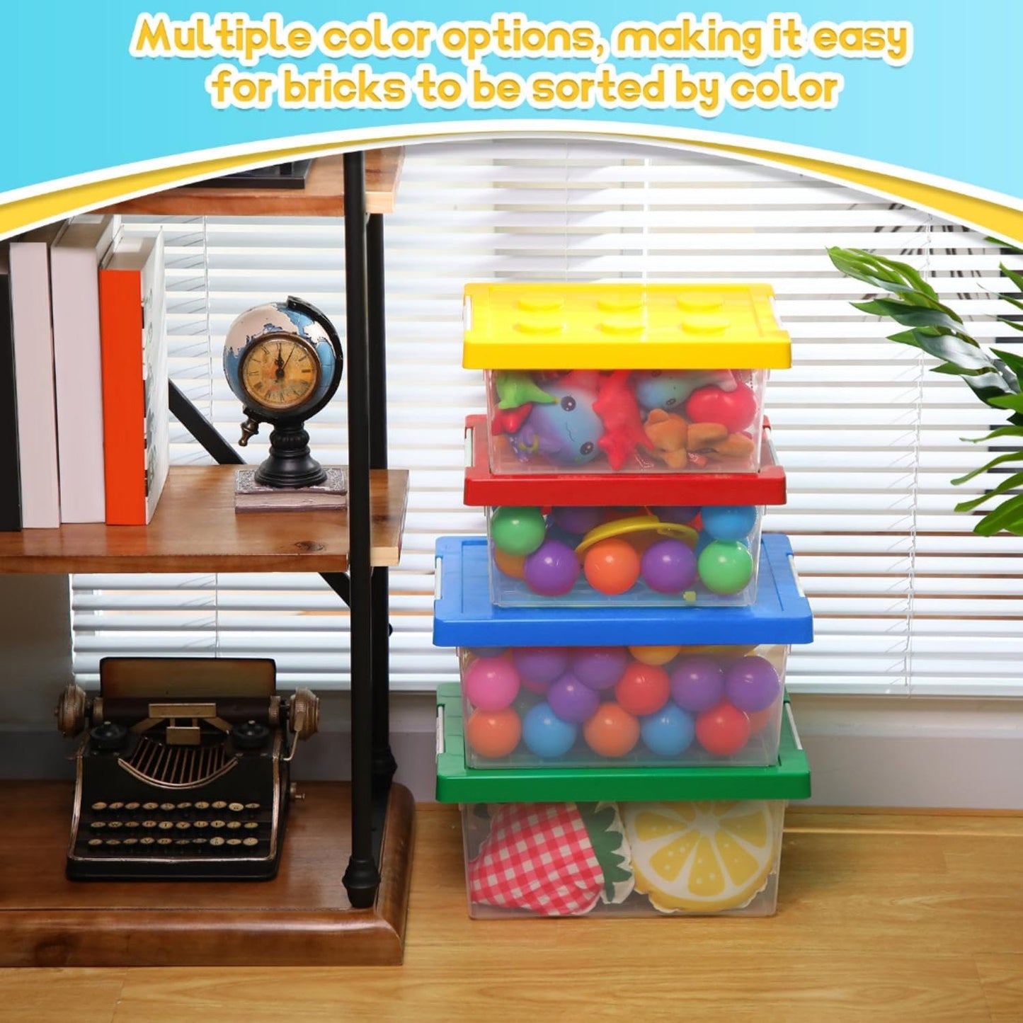 Vicenpal 4 Pack Toy Storage Containers with Lids Brick Shaped Kids Toy Organizer Box Plastic Clear Stackable Bin Chest for Building Block Dolls(Large, X-Large,Red, Yellow, Blue, Green)