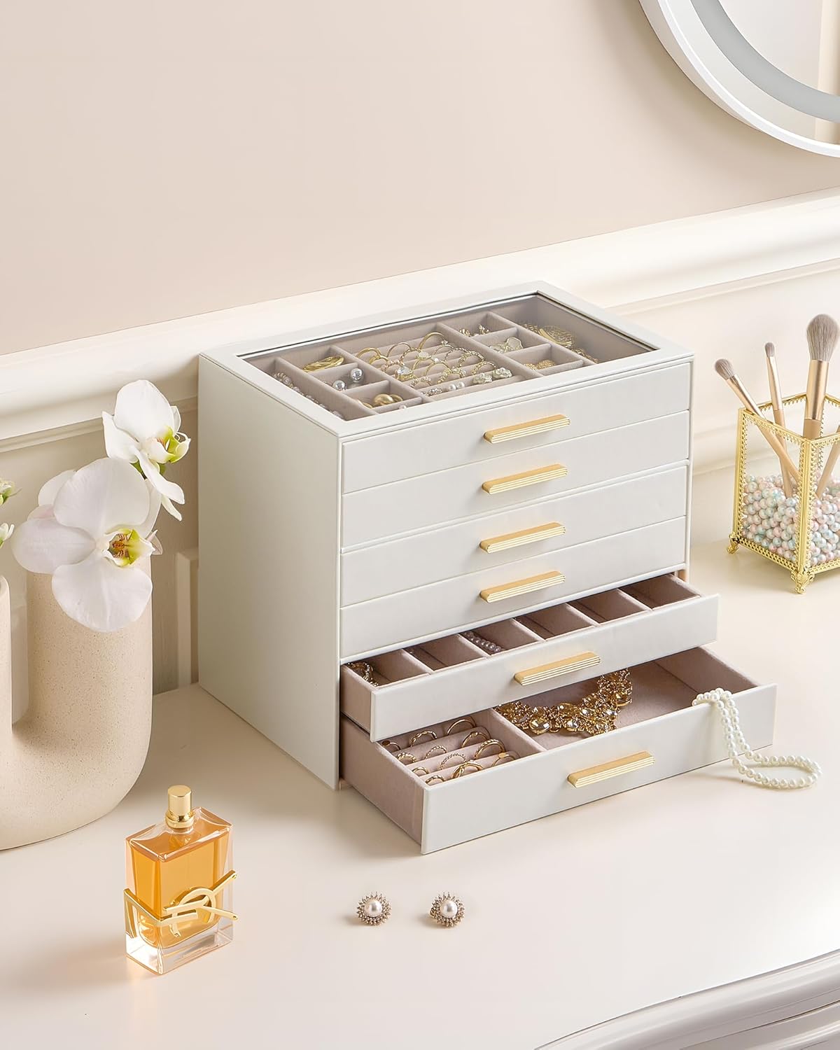 Lolalet Jewelry Box Organizer, 6-Layer Jewelry Organizers and Storage Case with Glass Lid, Ring Earring Bracelet Necklace Holder Organizer, Birthday Christmas Gifts for Women Girls -6Layer, Beige