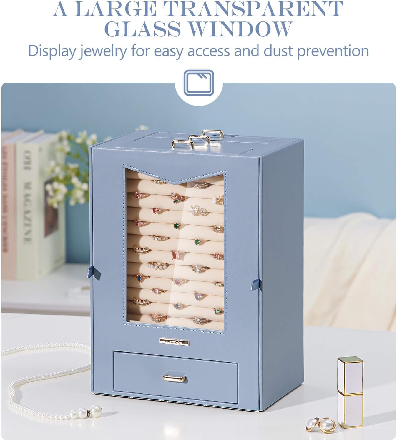 Homde Jewelry Organizer with Transparent Window Necklace Hooks Gift for Women Jewelry Box Display Case for Necklaces Rings Earrings Bracelets and Other Accessories (Grey Blue)