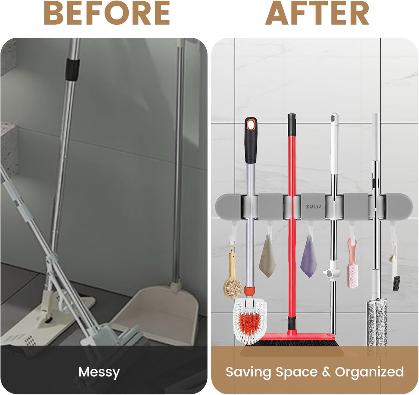 3PCS Broom Holder Wall Mount, No-Drilling Self-Adhesive Mop and Broom Storage Rack (4 Racks with 5 Hooks),Wall-Mounted Broom Hanger for Bathroom, Kitchen, Closet, Garage, Grey