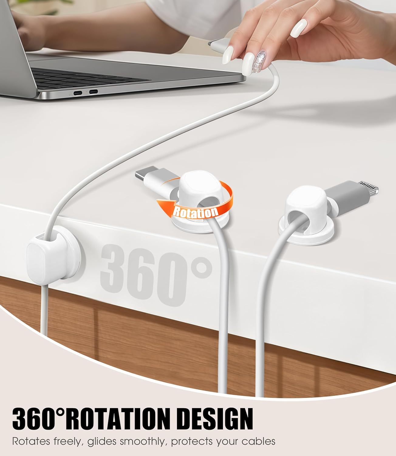 8 Pack Cord Organizer, Ω-Shaped Rotatable Cable Clips, Strong Adhesive Cable Management with Nails, Cord Holder for Nightstand, Desk, and Wall (White)