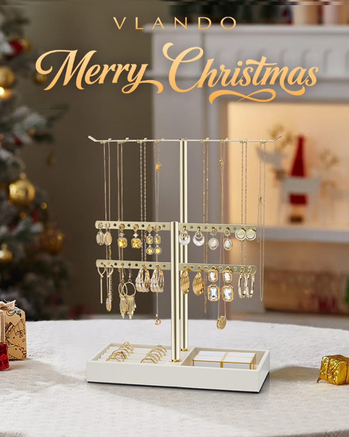 Vlando 2 Tier Jewelry Stand Organizer with Tary, Leather Jewelry Holder Display for Women, Gold Jewlery Holder Stand for Necklace, Earring, Bracelet, Rings - Cloud White