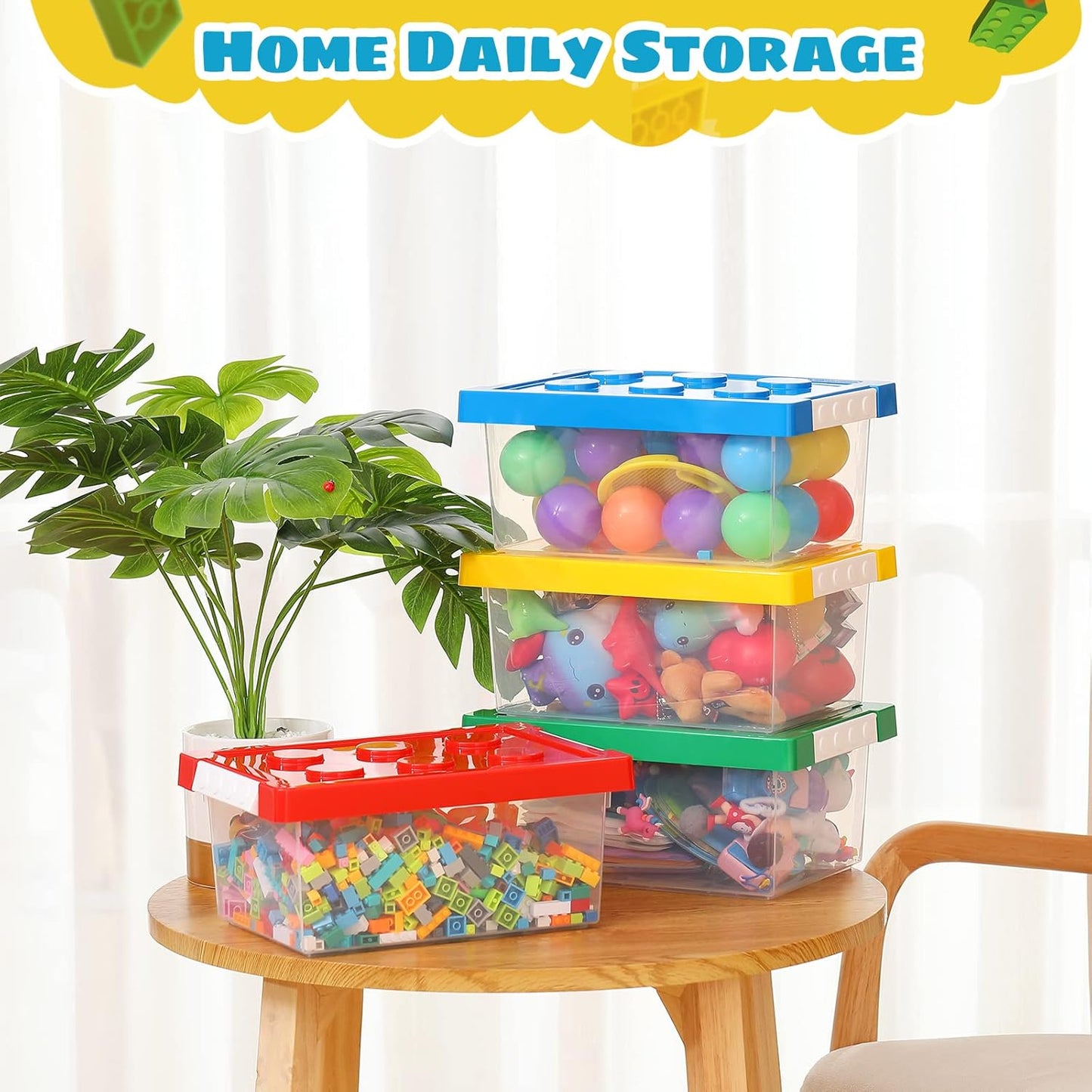 Vicenpal 4 Pack Toy Storage Containers with Lids Brick Shaped Kids Toy Organizer Box Plastic Clear Stackable Bin Chest for Building Block Dolls(Small,Red, Yellow, Blue, Green)