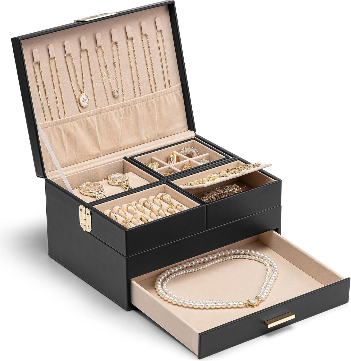Vlando 3 Layer Jewelry Box - Women Jewelry Box with Retractable Tray - Jewelry Organizers with Drawer for Necklaces, Rings, Bracelets, Earrings, Gift for Couples Mom Girls - Black
