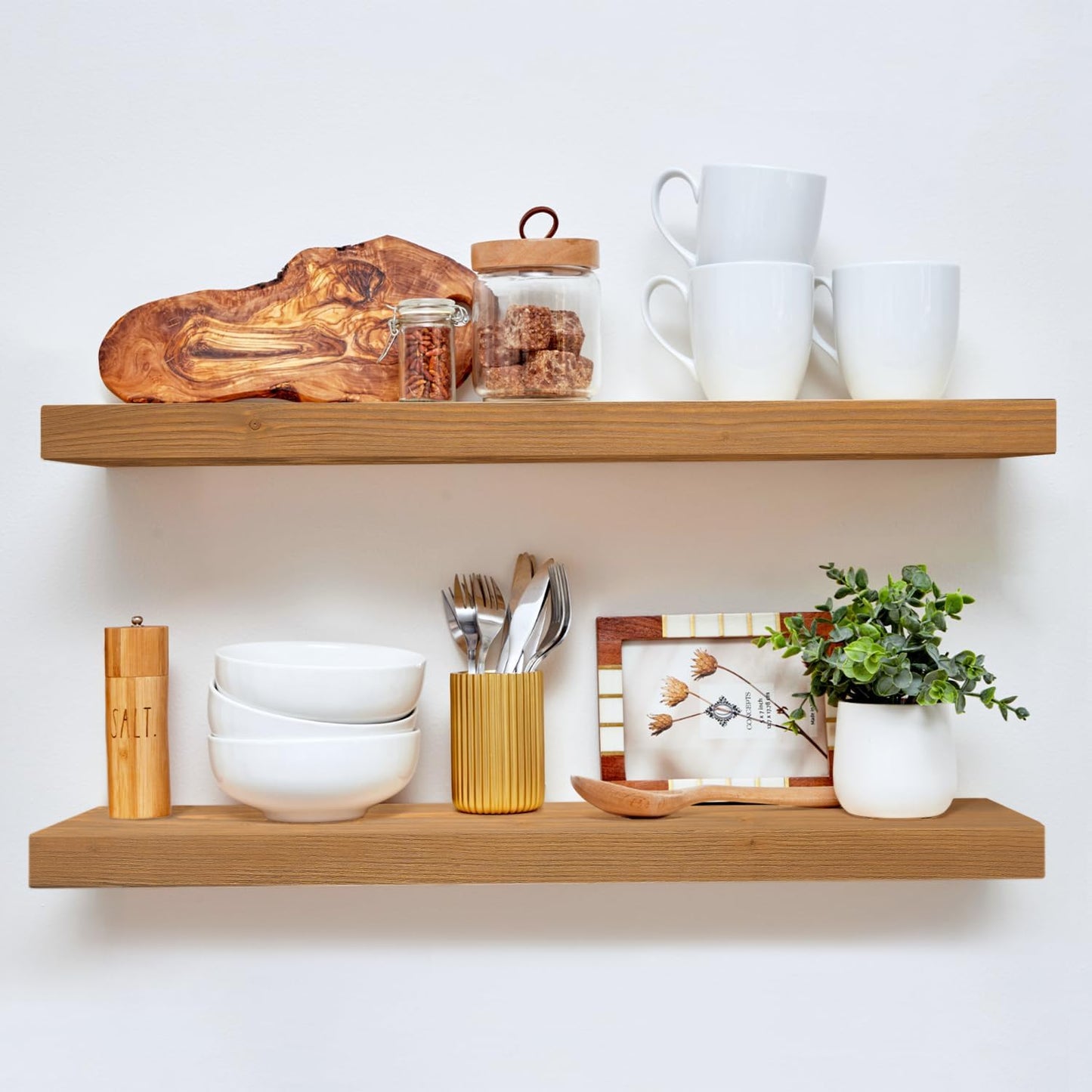 Homeforia 30 inch Golden Oak Floating Shelf, High End Solid Real Wood 30inch Small Floating Shelves for Wall Mounted, Oak Wooden 30in Floating Shelves, Heavy Duty Bracket, 30 X 6.5 X 1.75 in, Set of 2