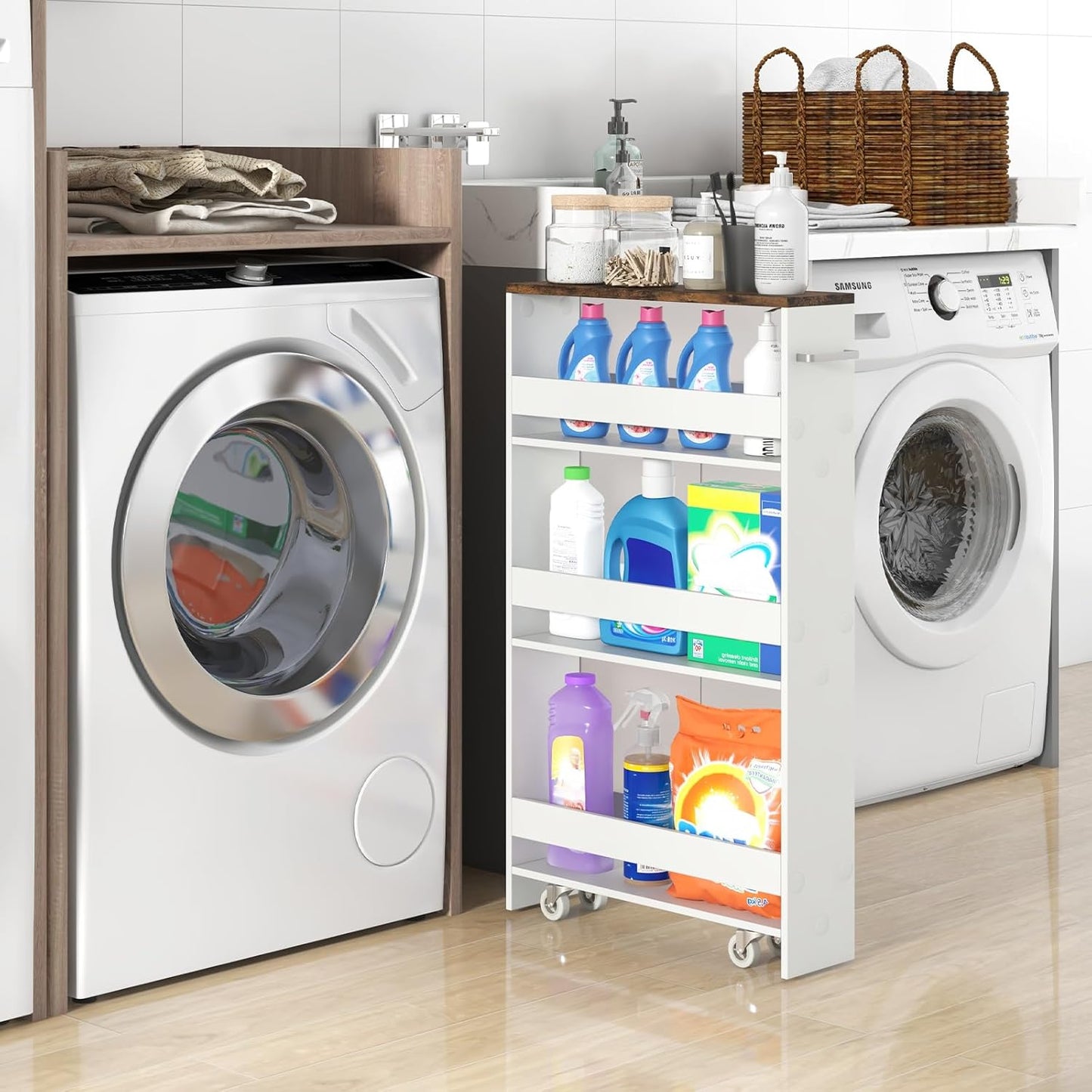 Small Kitchen Cart, 4-Tier Slim Rolling Island w/Handle, Laundry Room Storage Organizers Between Washer and Dryer, Narrow Spice Rack on Wheels Next to Fridge (White & Rustic Brown, 5'')