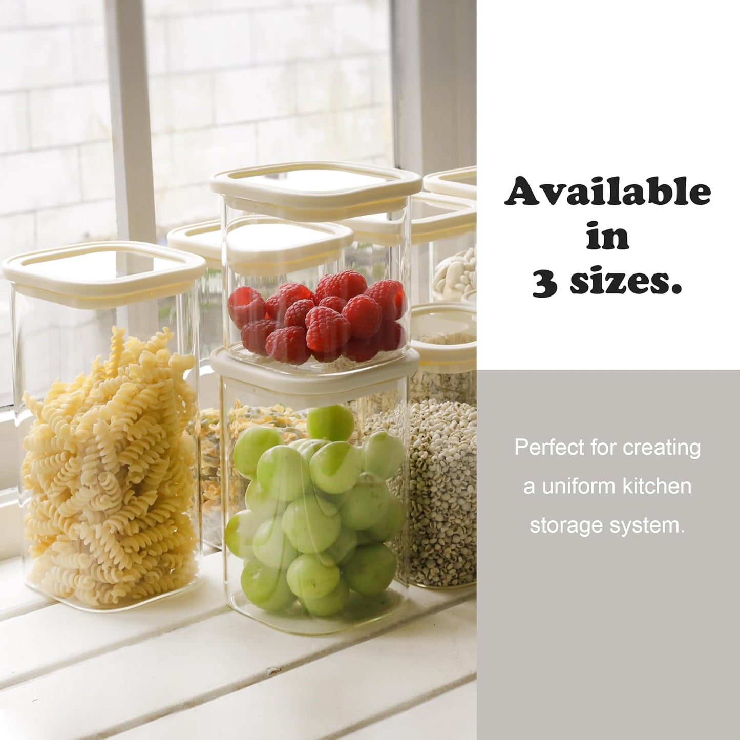 4pcs 40oz Square Pantry Glass Jars with Clear Airtight Lids Kitchen Canisters Sets for Flour, Sugar Refrigerator Safe, Patent Approved