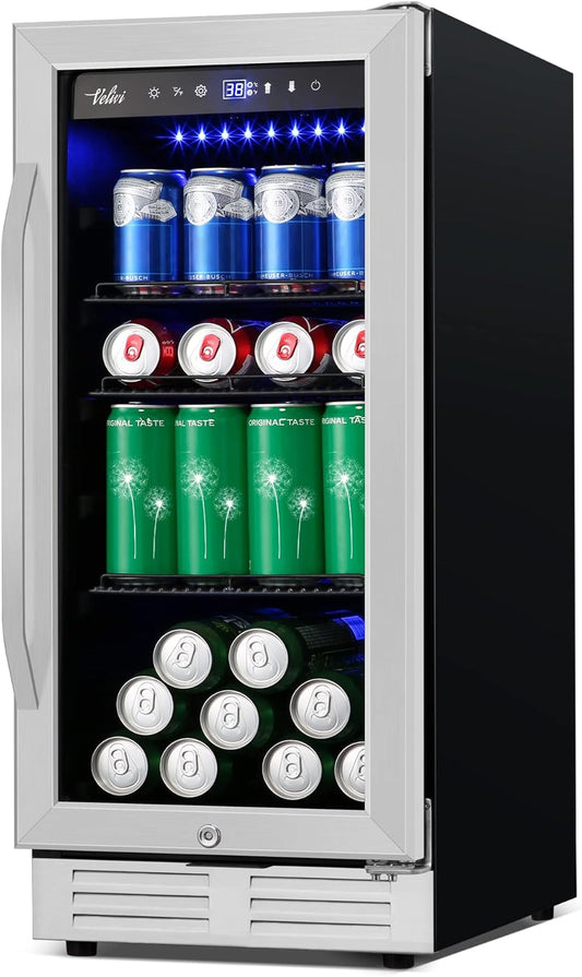 15 Inch Beverage Refrigerator - 125Cans Capacity Drink Cooler Under Counter Mini Fridge with Glass Door, Safety Lock Built-in or Freestanding Refrigerator for Soda, Beer, Wine