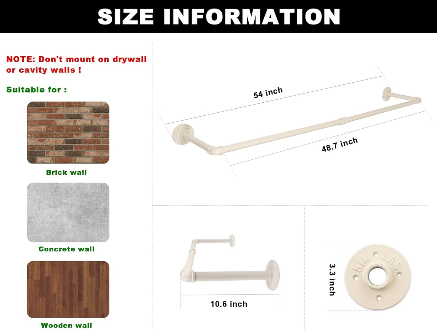 54" White Wall Mounted Clothes Rack, Industrial Pipe Iron Garment Bar, Heavy-Duty Detachable Clothing Rod, Multi-Purpose Metal Wall Display Hanging Pole for Closet Storage, Laundry Room 2 Base