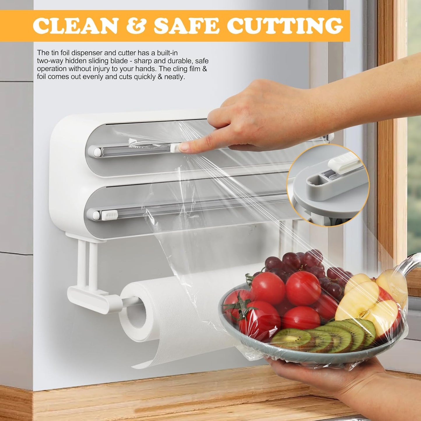 Magnetic Plastic Wrap Dispenser with Cutter - Refillable Aluminum Tin Foil and Plastic Wrap Organizer for Kitchen, Quasziwa Upgraded 3 in 1 Paper Towel Holder Wall Mount - Fits 12" Roll, White