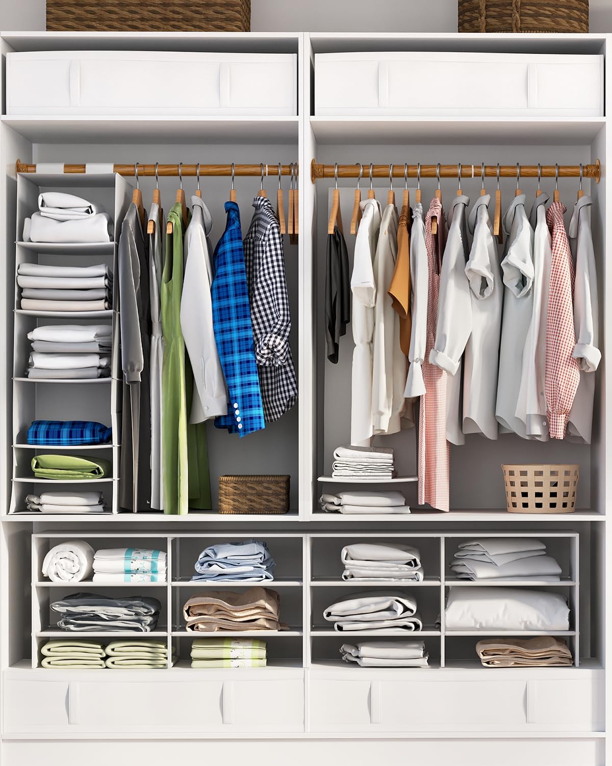 Closet Rods for Hanging Clothes, 17-76 Inch Heavy Duty and Stepless Adjustable Closet Poles, Stainless Steel Closet Hanging Rod for Wardrobes, Laundry Room, Bathroom, RV (Wood-Grain Finish)
