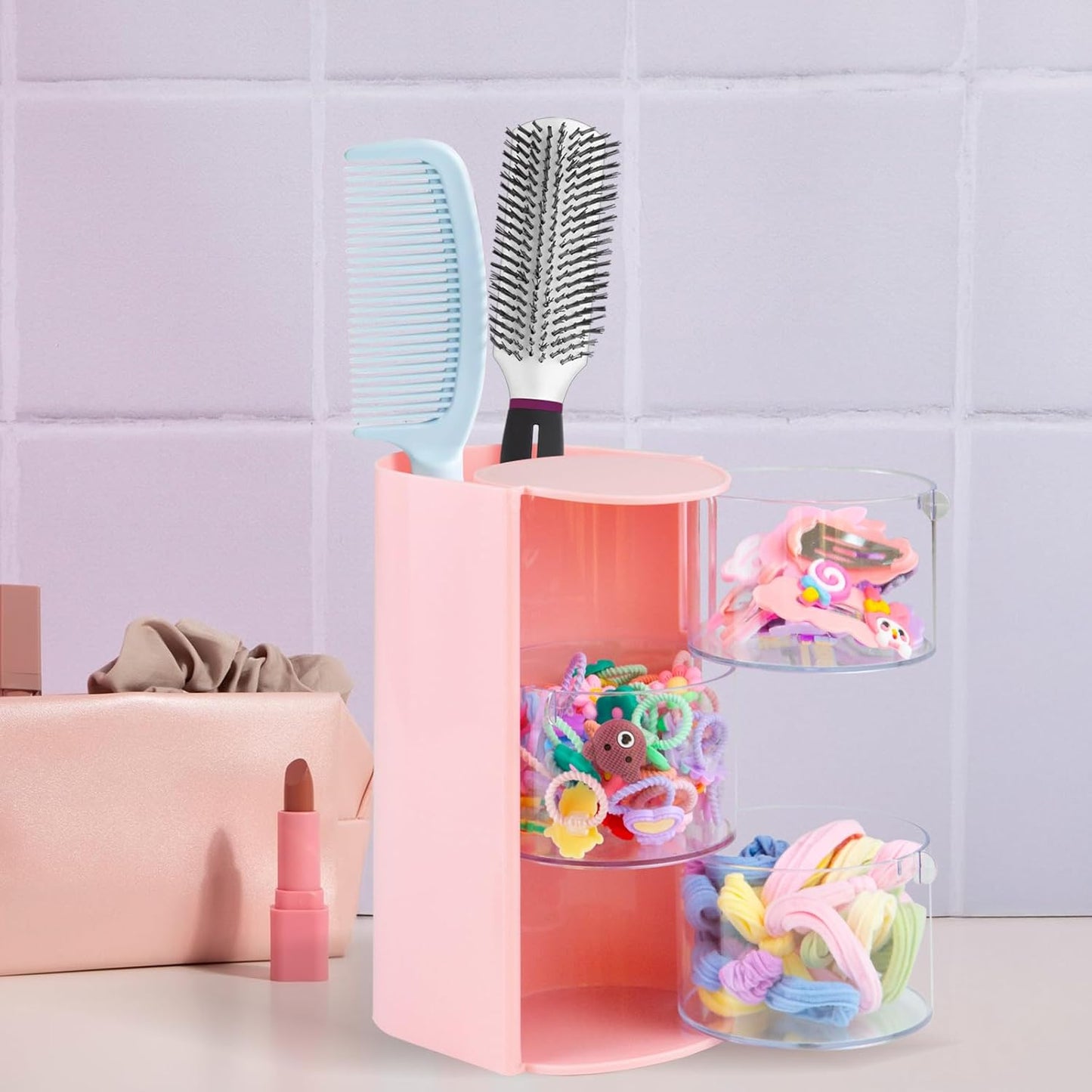 Luscinia Hair Accessories Organizer with Hair Brush Holder, Rotatable Makeup Brush and Jewelry Storage Box for Hair Clips, Earrings, Necklaces, Bracelets, Rings, and Daily Accessories (Pink, 3-Layer)