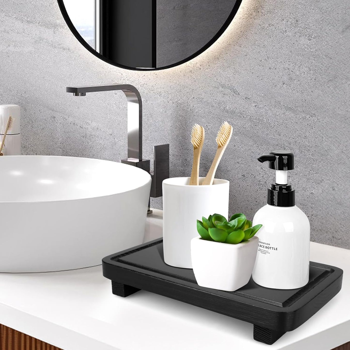 Black Bathroom Counter Organizer Wood Risers Display Pedestal Stand Kitchen Countertop Trays Farmhouse Wooden Dish Soap Dispenser Holder for Bathroom Decor Kitchen Sink Accessories Vanity Tray