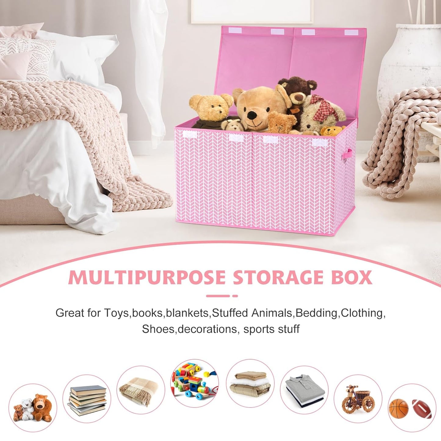 Mayniu Extra Large Toy Box Chest with Dividers, 120L Sturdy Toy Storage Organizer Bin Boxes Basket for Kids, Boys, Girls, Living Room, Nursery, Bedroom, Playroom (26"x17" x17", Pink)