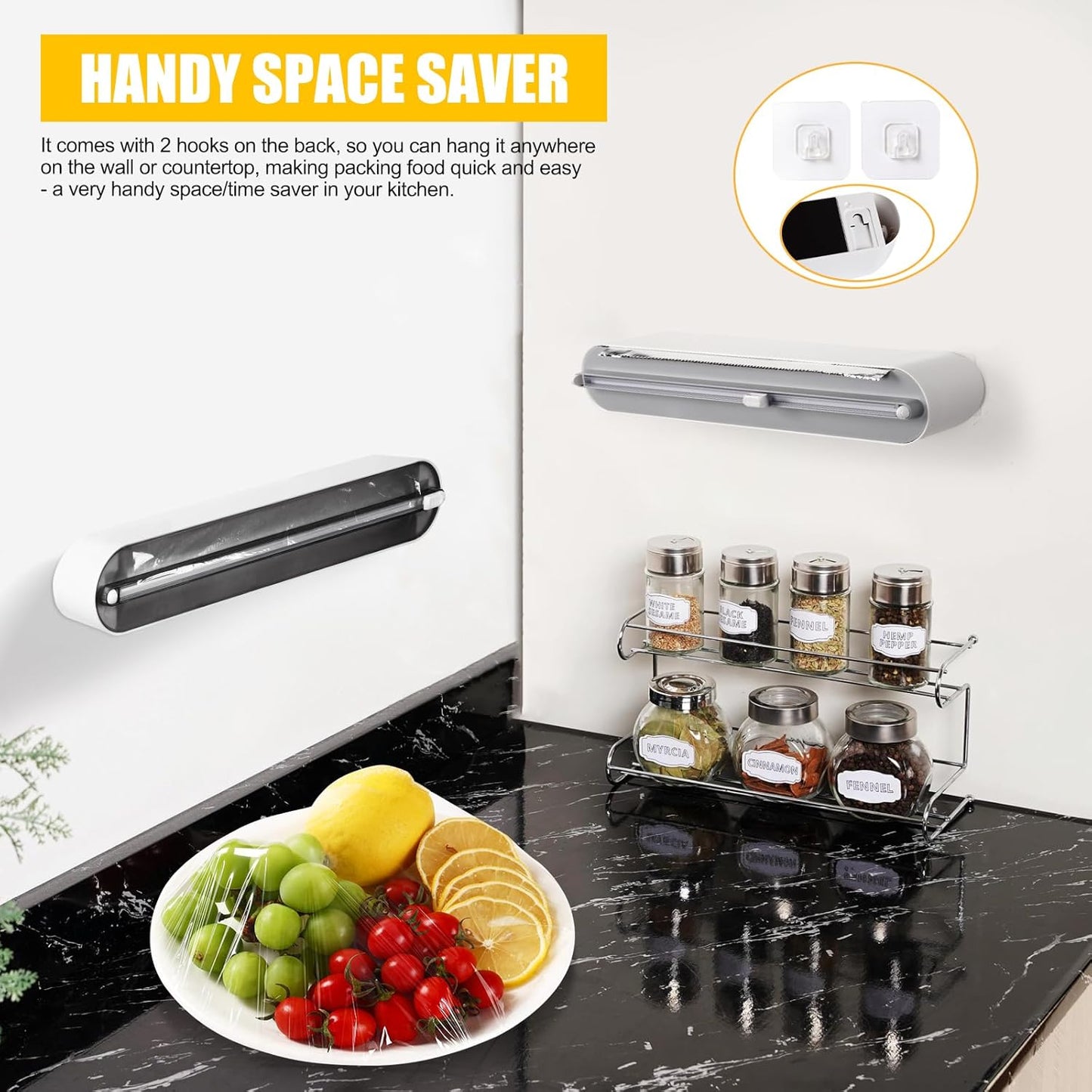 Aluminum Foil & Plastic Wrap Dispenser with Slide Cutter - Magnetic & No-Drill Wall Mount, Cling Film Dispenser for Worktops & Cabinets, Space-Saving Kitchen Organizer - Fits 12" Rolls, White