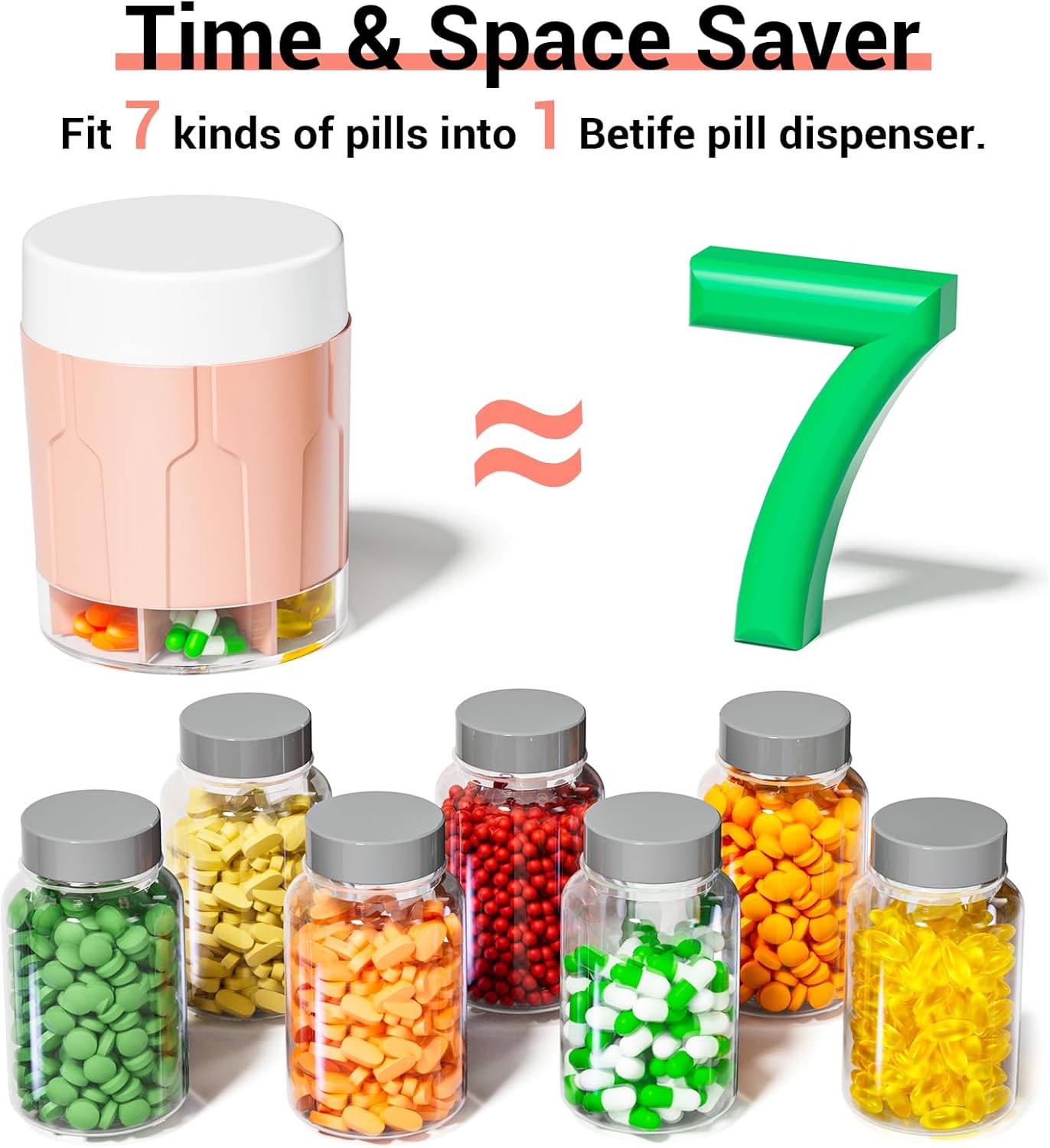 Betife Extra Large Supplement Organizer,Weekly Pill Organizer Bottle, Daily Pill Dispenser with 7 Large Compartments, Organizer to Hold 7 Day Vitamin Medication,21 Labels and a Cleaning Brush（Pink）