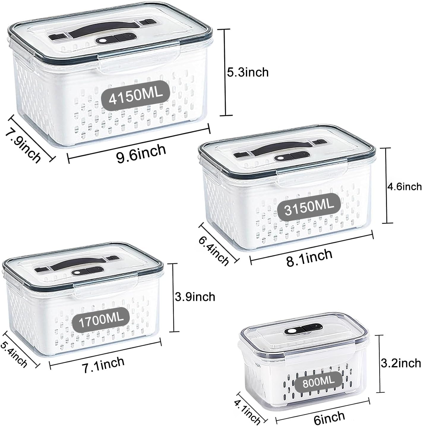 4 Pack Large Fruit Storage Containers for Fridge with vent holes and handle，Airtight Food Storage Containers Keep Fruits, Vegetables, Berry, Fresh longer,BPA-free Fridge Storage Container with Lid