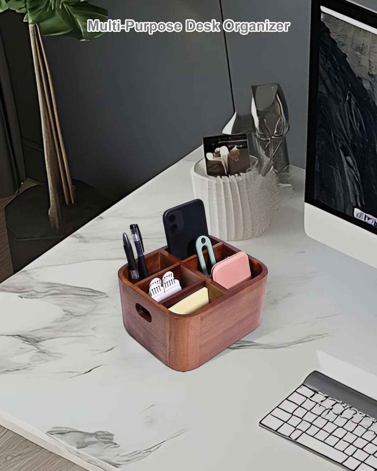 LYNG Acacia Wood Remote Control Holder Caddy, Solid Wood Organizer with 4 Adjustable Dividers & Handle, Remote Organizer for Coffee Table & Living Room