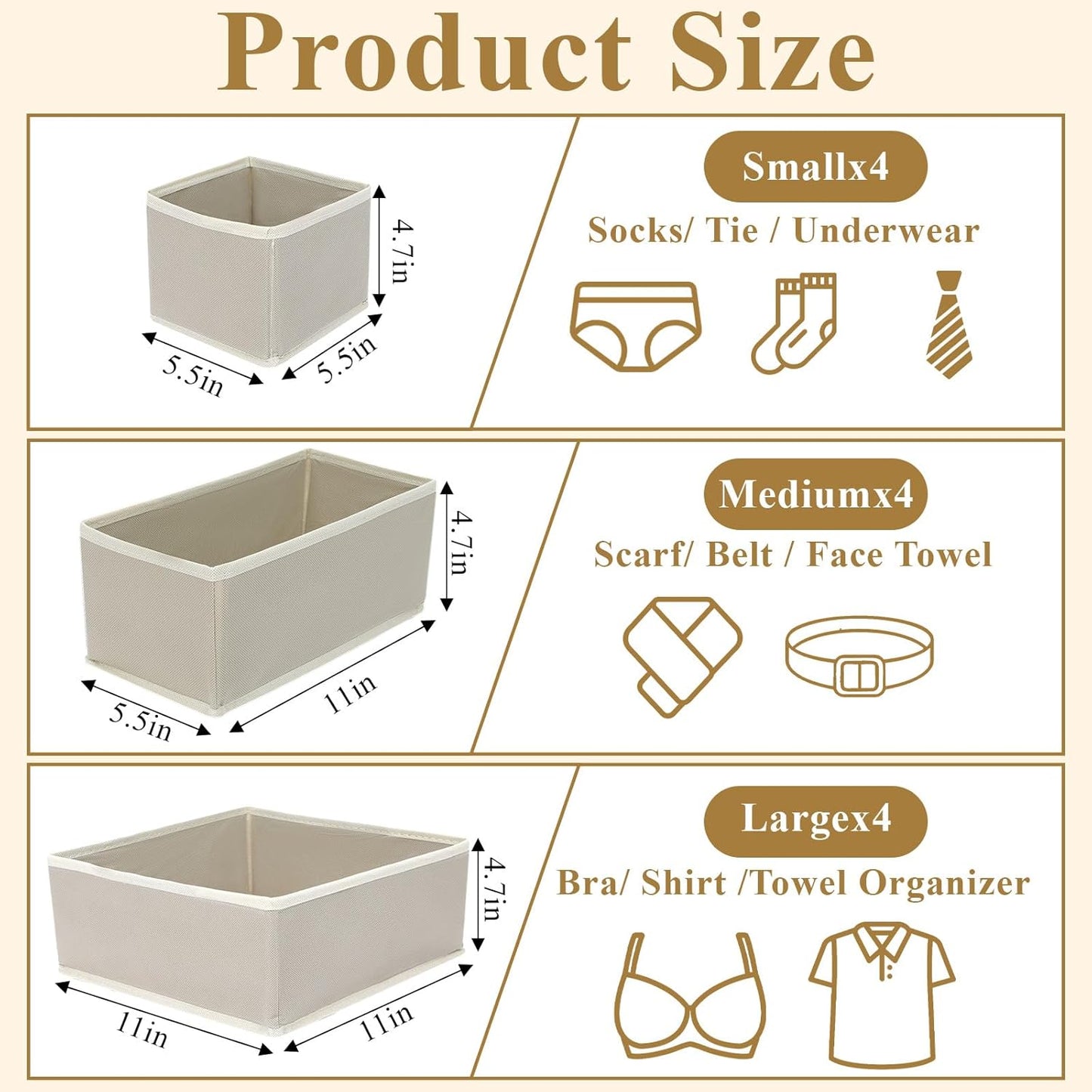 SHENLIU 12 Pack Foldable Cloth Storage Box, Drawer Organizer Clothes, Underwear Organizer, Closet Organizers and Storage Dresser Dividers for Clothes Underwear Bras Socks Lingerie Clothing, Beige