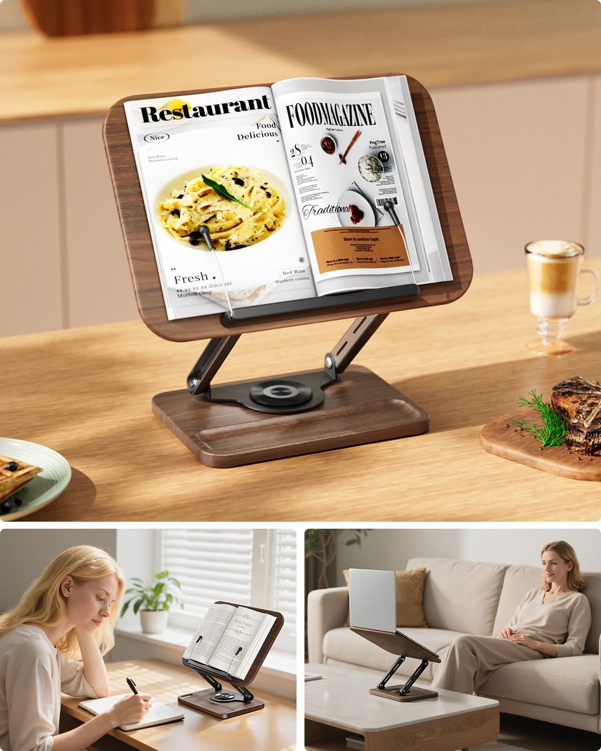 Viozon Book Stand for Reading, Book Holder 360° Rotating Base with Pen Slot, Foldable Reading Display Stand with Elastic Page Clips for Cookbook, Recipe, Textbook, Tablet, Laptop.