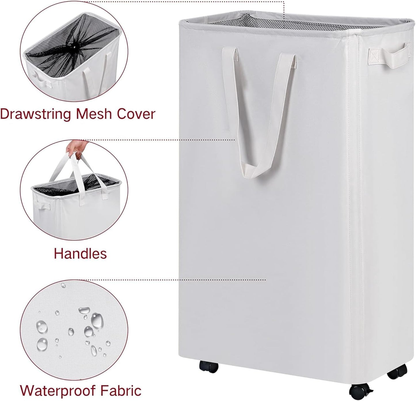 efluky Slim Laundry Hamper with Wheels, Rolling Laundry Basket for Clothes, Small Laundry Basket for Bedroom, Dorm and Laundry Room, 75L (19.8 Gallons) White