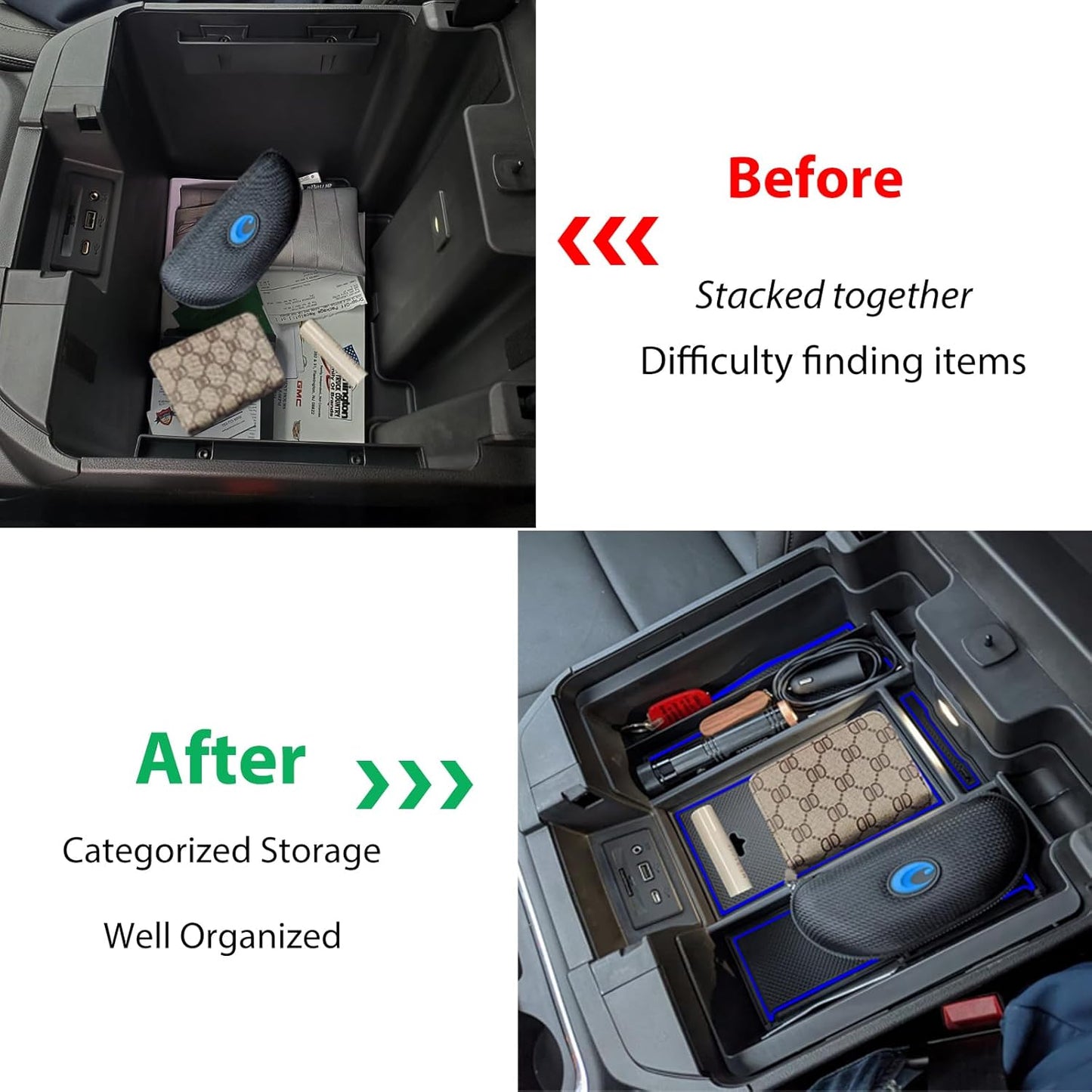 Full Size Center Console Armrest Box Organizer Tray for 2019-2022 Chevy Silverado/GMC Sierra 1500 and 2020-2023 Silverado/Sierra 2500/3500 HD (Full Console w/Bucket Seats ONLY) Blue Trim
